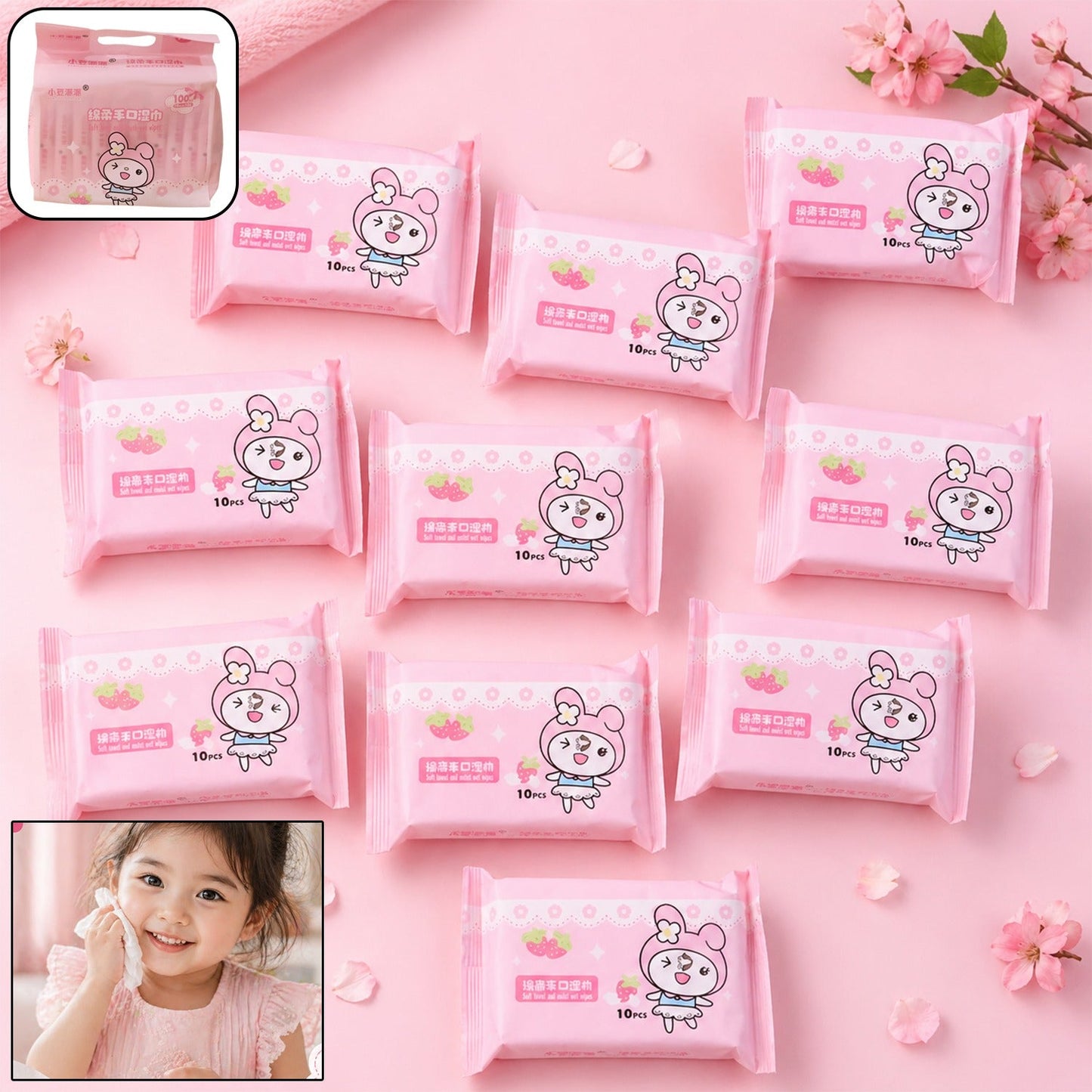 Cartoon Printed Soft Wet Wipes 100pc Pack of 10