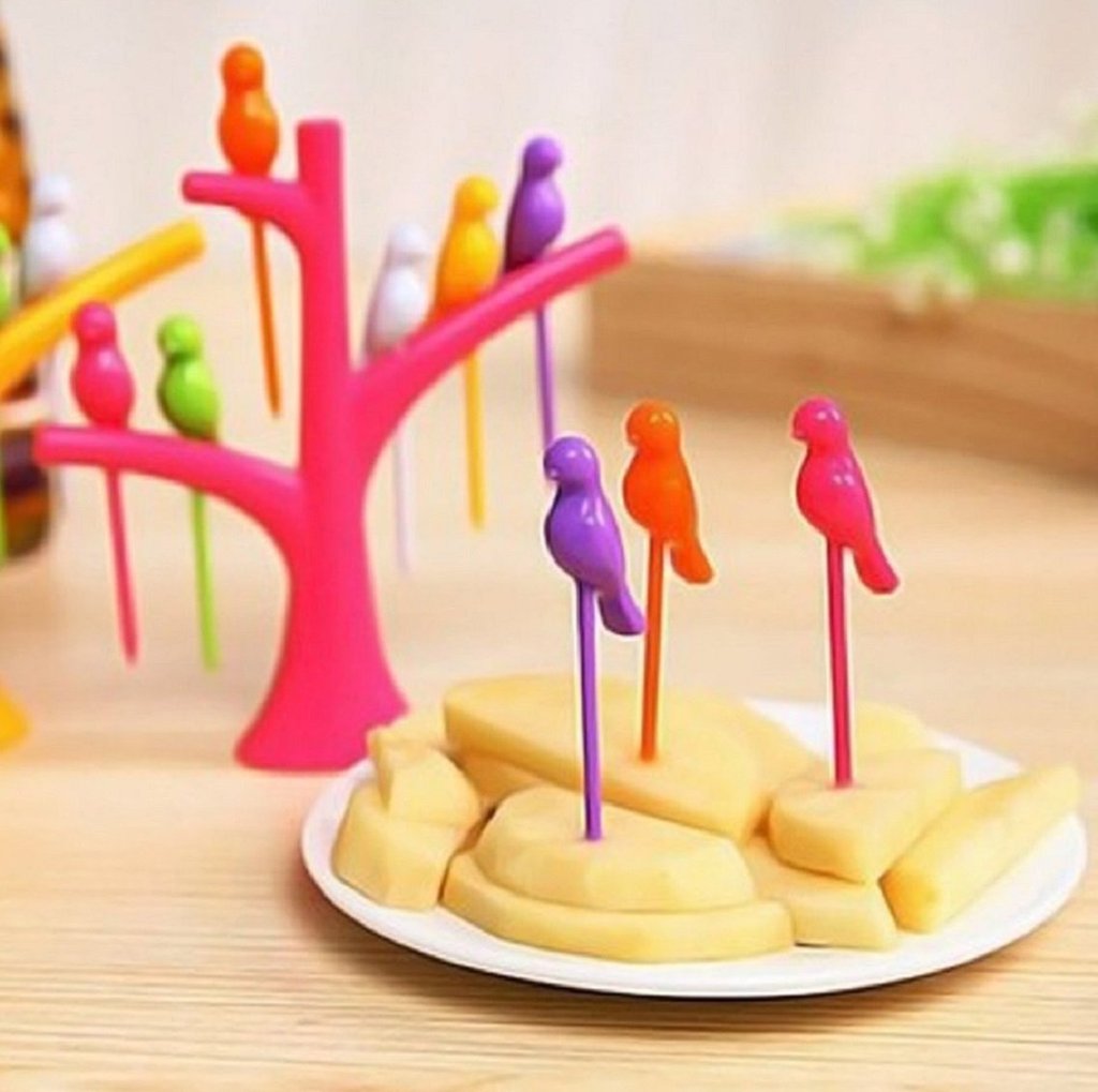 Bird Fruit Forks with Tree Holder Kids Table Fun