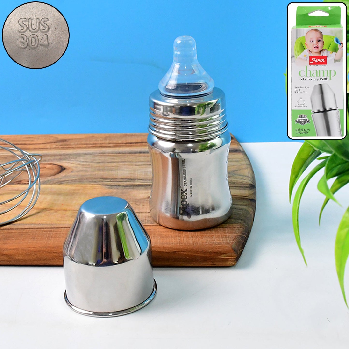 Apex Premium Stainless Steel Baby Feeding Bottle 125ml