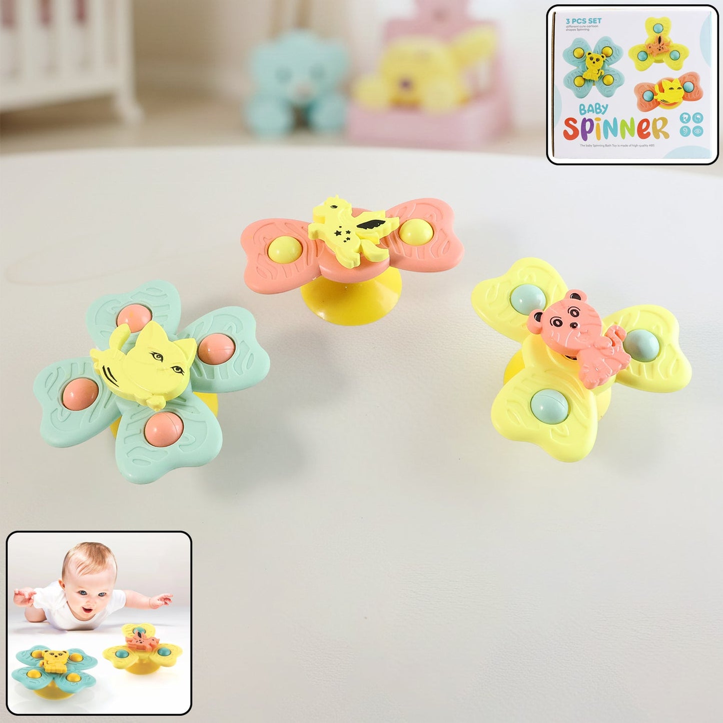 Baby Spinner Toy Set 3-Pc Suction Cup Spinning Toys for Sensory Play